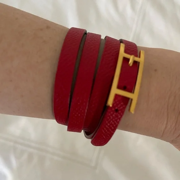 Authentic HERMES Epsom Hapi MM Triple Wrap Bracelet in Rouge Red